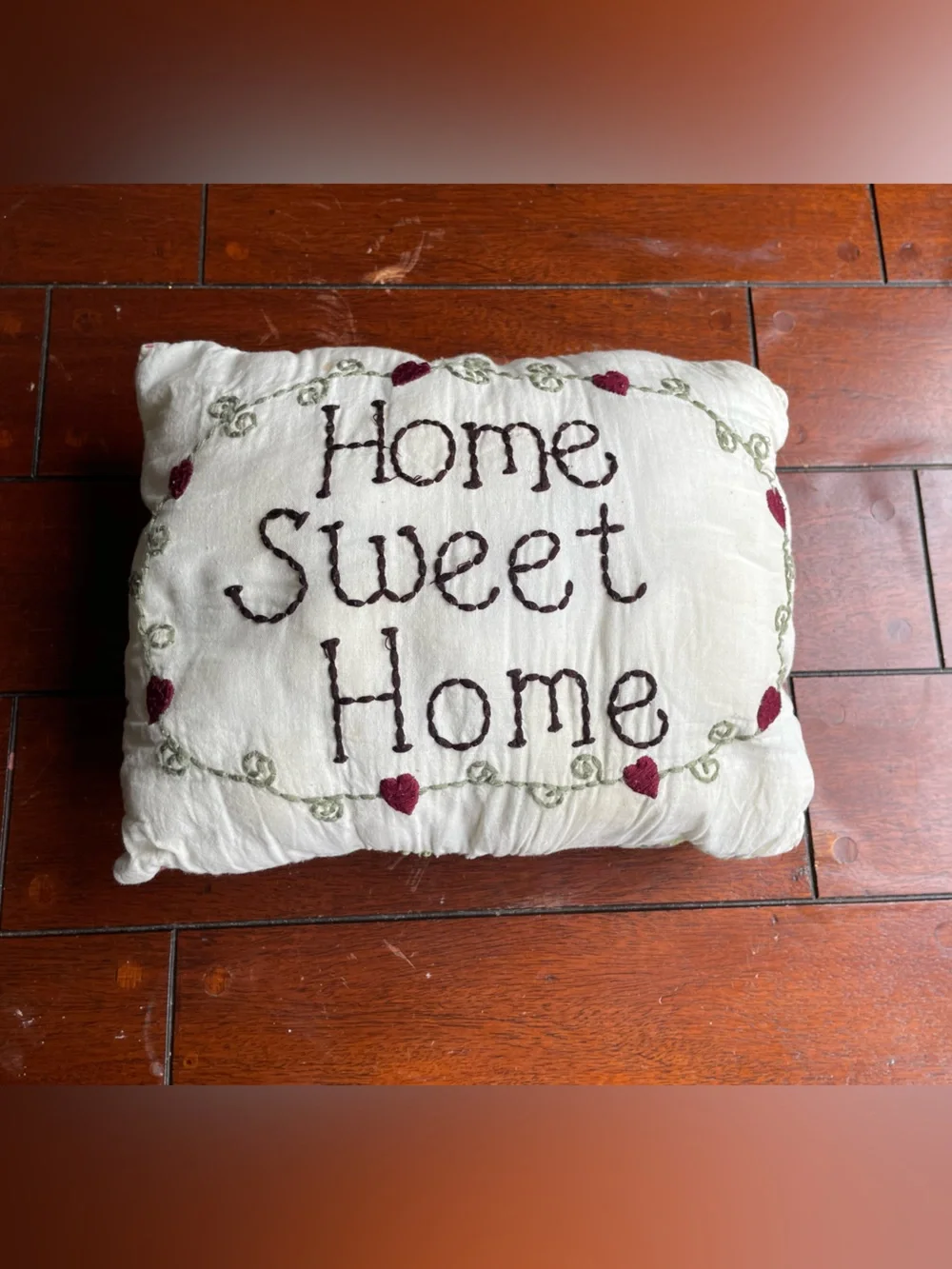 Home Sweet Home Embroidered Throw Pillow - Cream with Burgundy Accents
